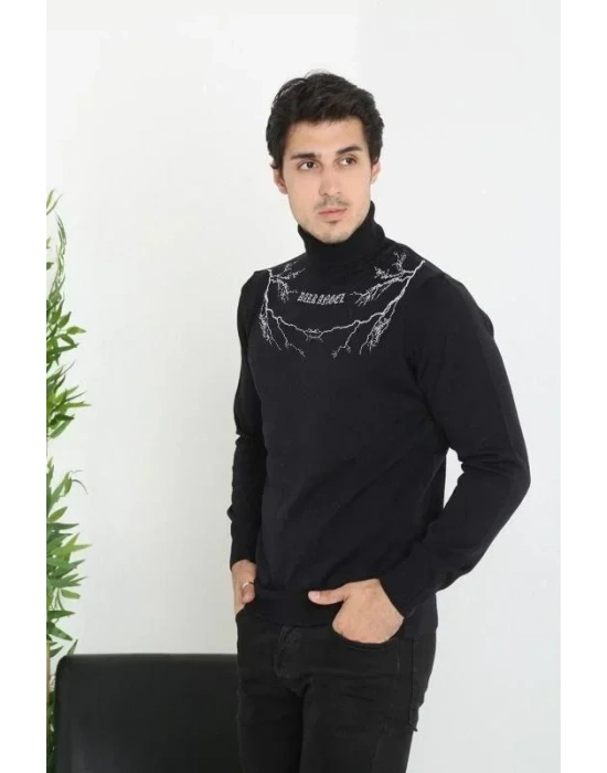 Baskılı Tam Boğazlı Uzun Kol Dokuma Triko  Siyah