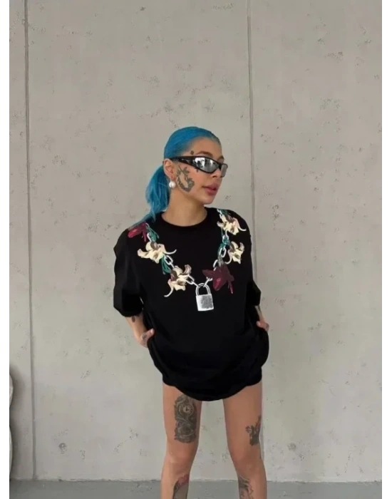 Baskılı Thirt Kısa Kol Bisiklet Yaka Regular Rahat Kalıp Günlük Tişört  iyah