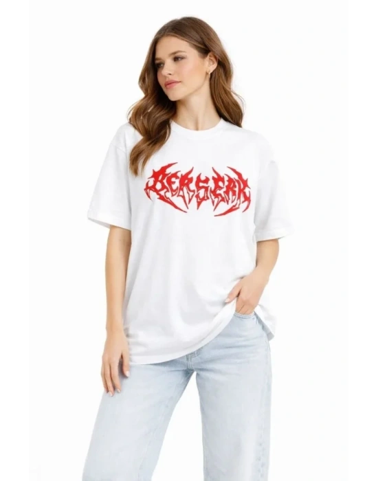 Baskılı Thirt Yazlık Kısa Kol Bisiklet Yaka Rahat Kalıp Tişört  Beyaz