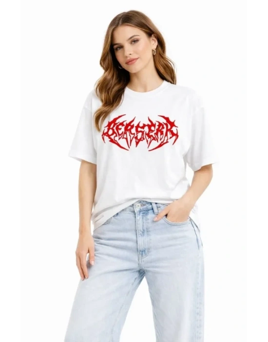 Baskılı Thirt Yazlık Kısa Kol Bisiklet Yaka Rahat Kalıp Tişört  Beyaz