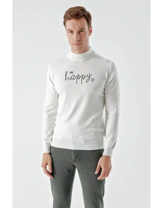 Baskılı Uzun Kol Yarım Boğazlı Dokuma Triko  Beyaz