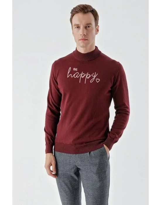 Baskılı Uzun Kol Yarım Boğazlı Dokuma Triko  Bordo