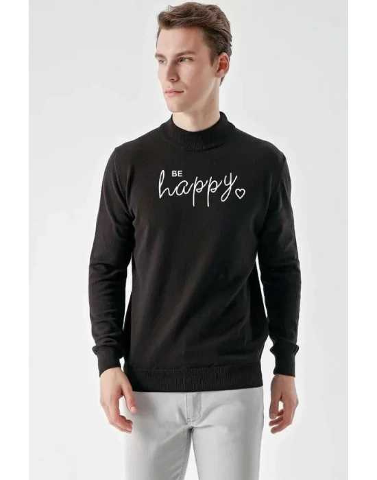 Baskılı Uzun Kol Yarım Boğazlı Dokuma Triko  Siyah