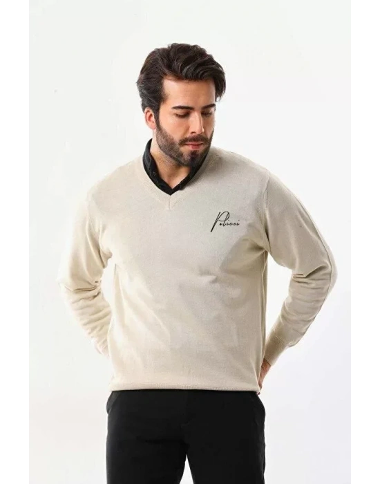 Baskılı V Yaka Uzun Kol Dokuma Triko  Bej