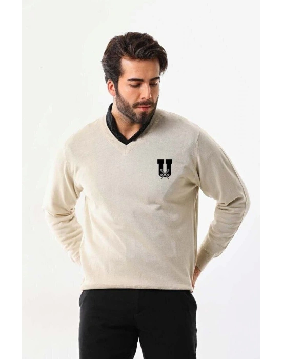 Baskılı V Yaka Uzun Kol Dokuma Triko  Bej