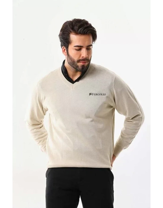 Baskılı V Yaka Uzun Kol Dokuma Triko  Bej