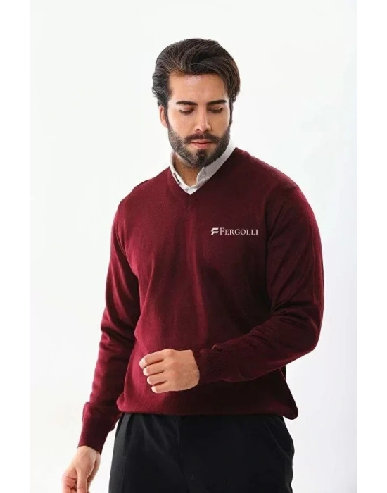 Baskılı V Yaka Uzun Kol Dokuma Triko  Bordo