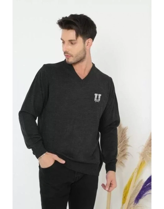 Baskılı V Yaka Uzun Kol Dokuma Triko  Füme