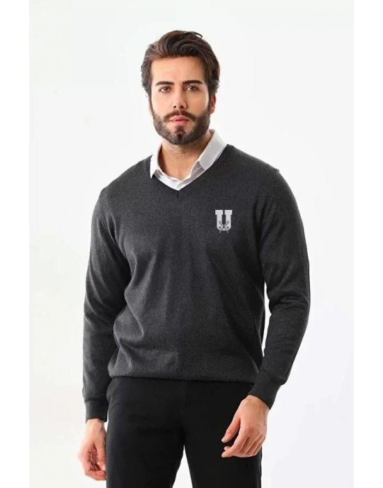 Baskılı V Yaka Uzun Kol Dokuma Triko  Füme