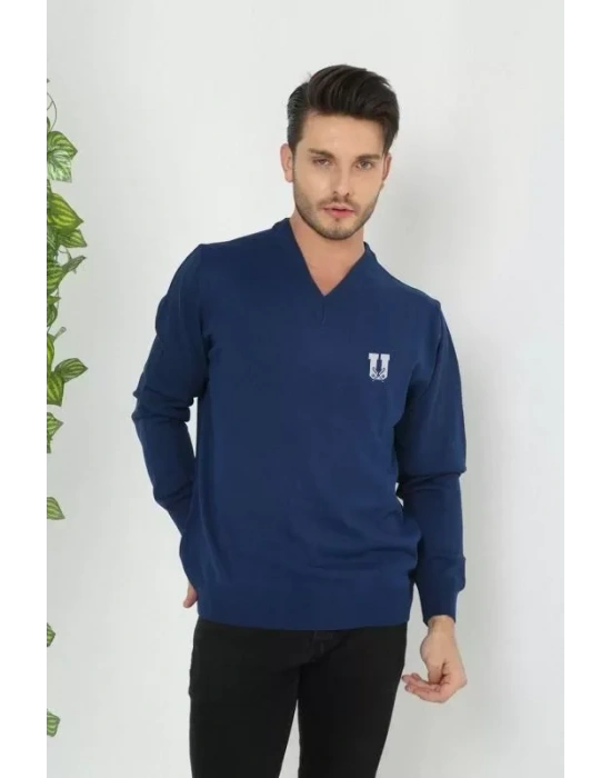 Baskılı V Yaka Uzun Kol Dokuma Triko  Indigo