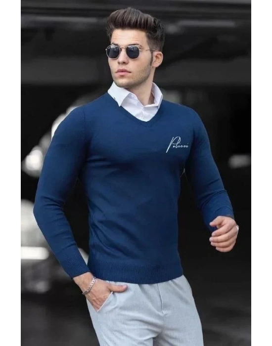 Baskılı V Yaka Uzun Kol Dokuma Triko  Indigo