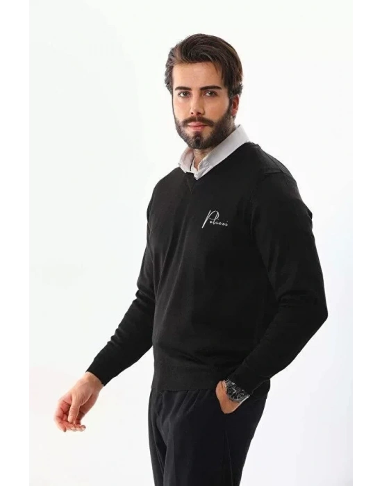 Baskılı V Yaka Uzun Kol Dokuma Triko  Siyah