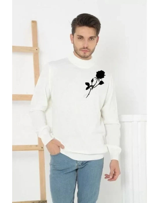 Baskılı Yarım Boğazlı Uzun Kol Dokuma Triko  Beyaz