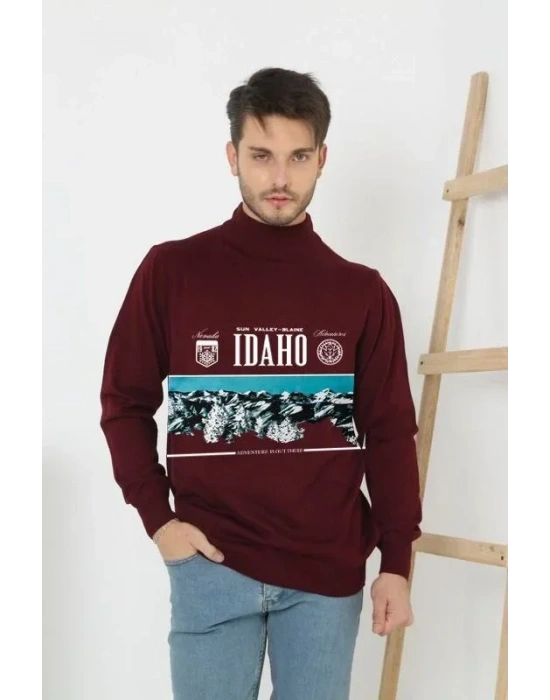 Baskılı Yarım Boğazlı Uzun Kol Dokuma Triko  Bordo