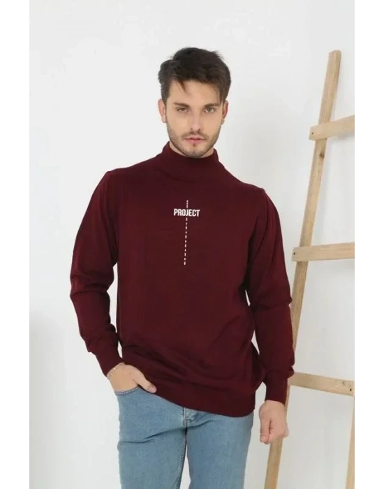 Baskılı Yarım Boğazlı Uzun Kol Dokuma Triko  Bordo