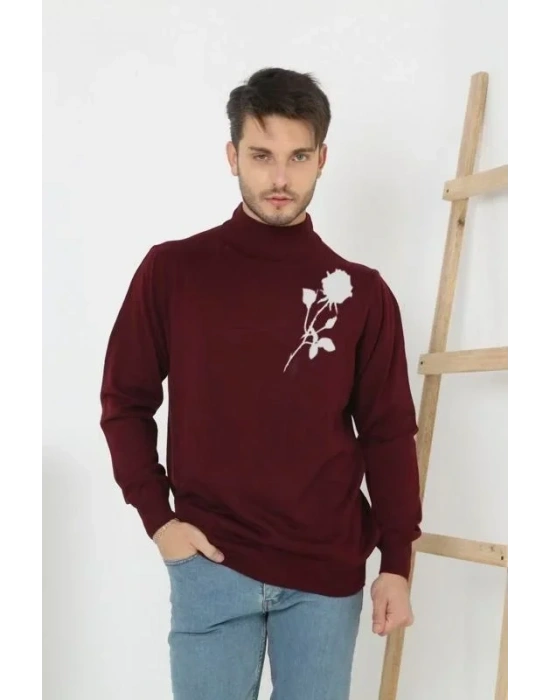 Baskılı Yarım Boğazlı Uzun Kol Dokuma Triko  Bordo