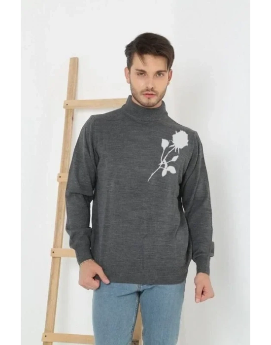 Baskılı Yarım Boğazlı Uzun Kol Dokuma Triko  Füme