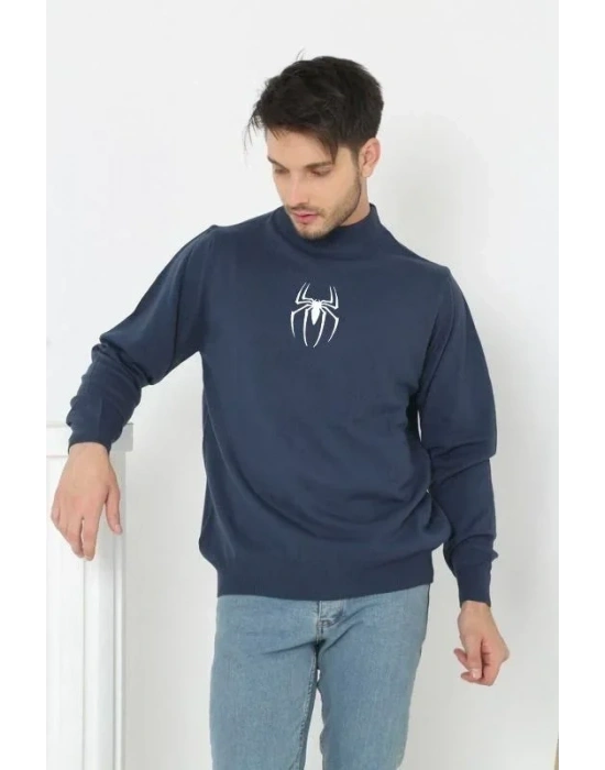 Baskılı Yarım Boğazlı Uzun Kol Dokuma Triko  Indigo