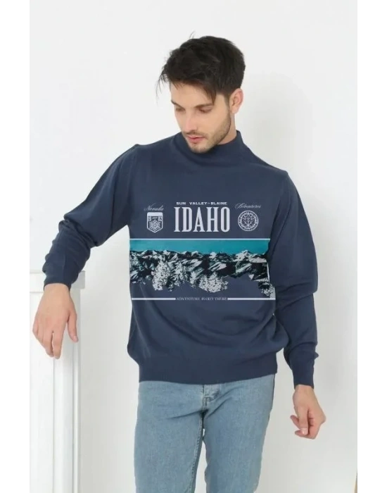 Baskılı Yarım Boğazlı Uzun Kol Dokuma Triko  Indigo