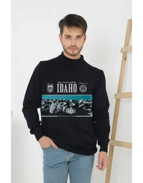 Baskılı Yarım Boğazlı Uzun Kol Dokuma Triko  Siyah