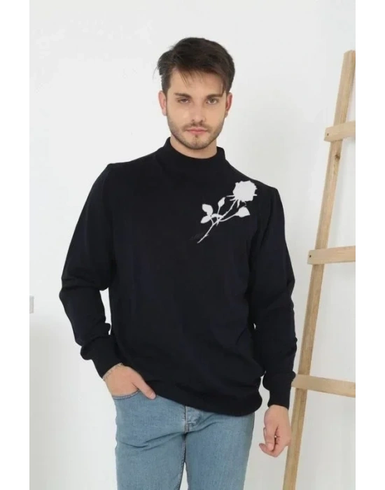 Baskılı Yarım Boğazlı Uzun Kol Dokuma Triko  Siyah