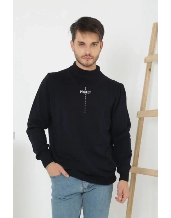 Baskılı Yarım Boğazlı Uzun Kol Dokuma Triko  Siyah