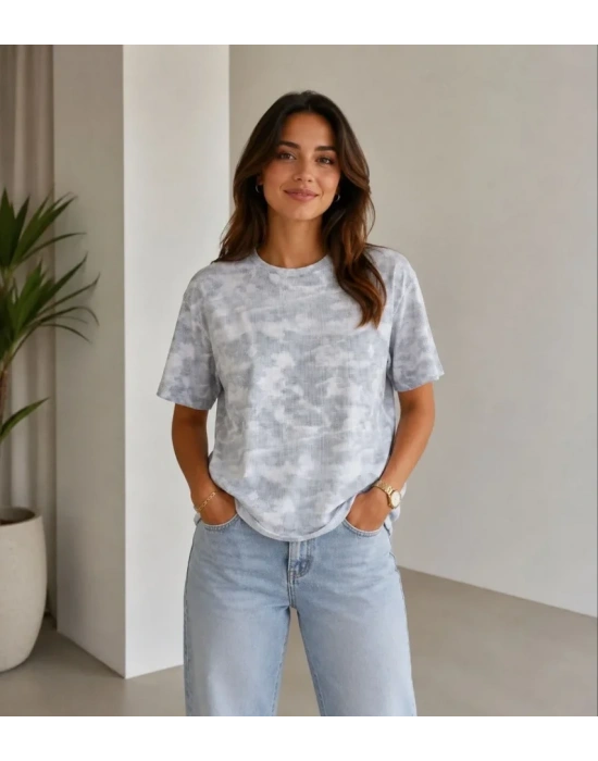 Batik Desenli Tişört Bisiklet Yaka Kısa Kol Regular Fit Tshirt  Gri