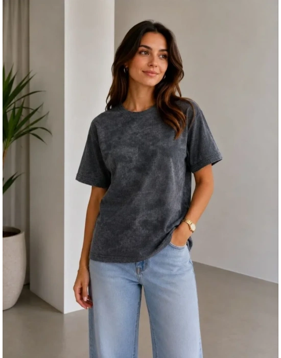 Batik Desenli Tişört Bisiklet Yaka Kısa Kol Regular Fit Tshirt  iyah