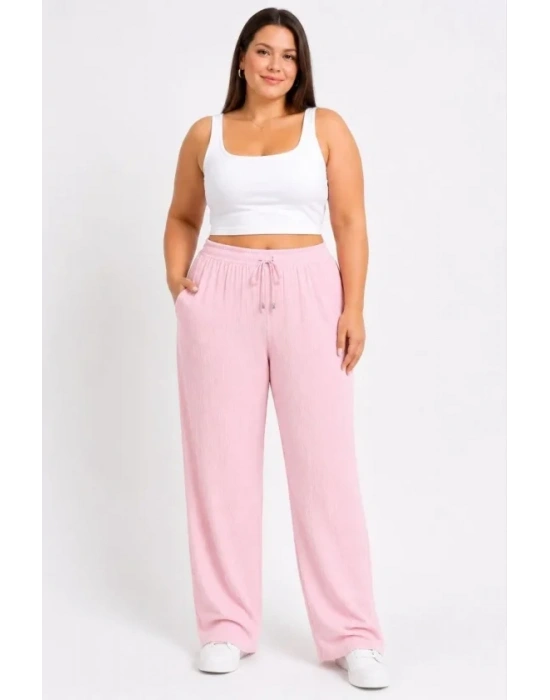 Battal Beden Bürümcük Kumaş Beli Lastikli Bağcıklı Bol Paça Palazzo Pantolon  Pembe