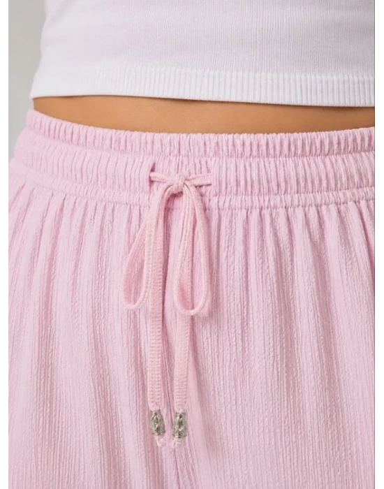 Battal Beden Bürümcük Kumaş Beli Lastikli Bağcıklı Bol Paça Palazzo Pantolon  Pembe