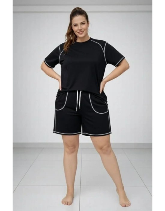Battal Beden Kısa Kollu Tişört Şort Takım Kontrast Dikiş Detaylı Günlük Ev Giyimi  Siyah