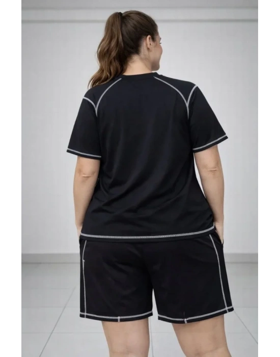 Battal Beden Kısa Kollu Tişört Şort Takım Kontrast Dikiş Detaylı Günlük Ev Giyimi  Siyah