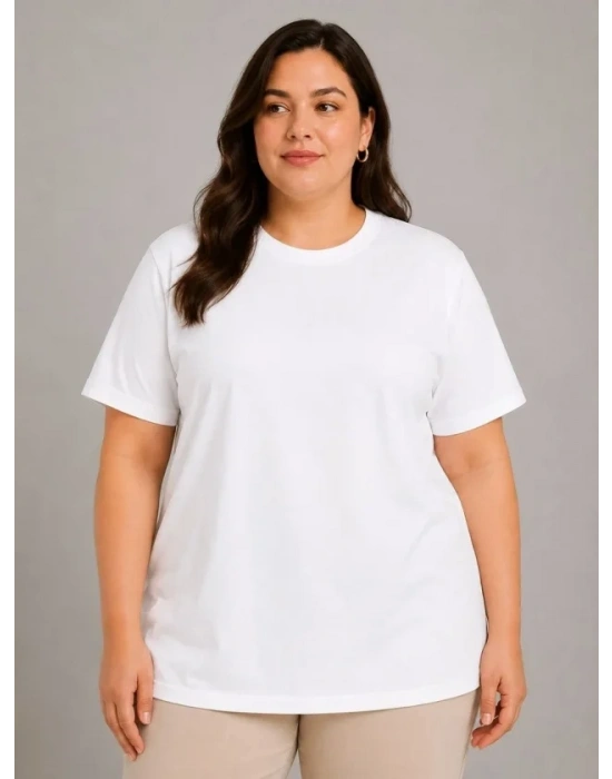 Battal Big Size Basic Tişört Bisiklet Yaka Rahat Kalıp TShirt  Beyaz