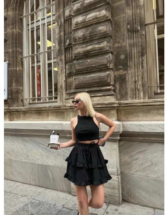 BEL LASTİKLİ KAT FIRFIR DETAYLI KISA ETEK  Siyah