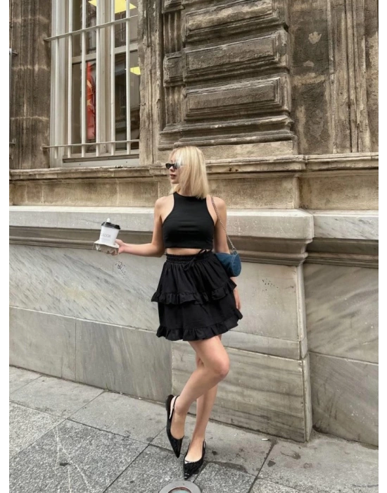 BEL LASTİKLİ KAT FIRFIR DETAYLI KISA ETEK  Siyah