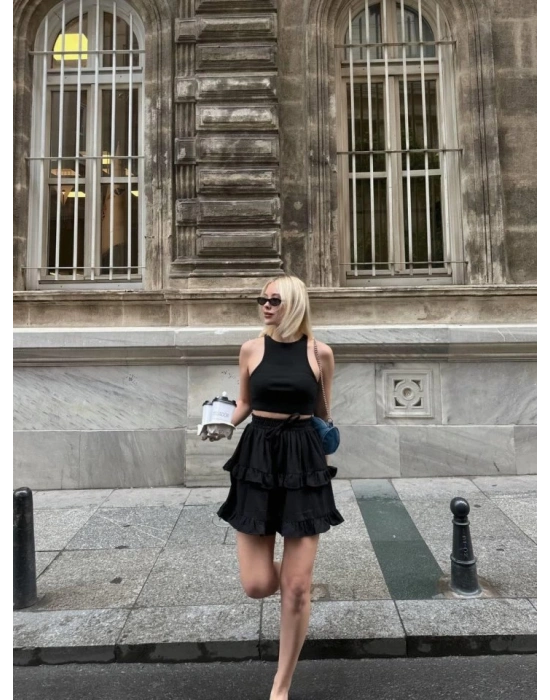 BEL LASTİKLİ KAT FIRFIR DETAYLI KISA ETEK  Siyah