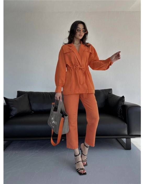 BE BÜZGÜ DETAYI PANTOON  CEKET TAKI KETEN  Turuncu