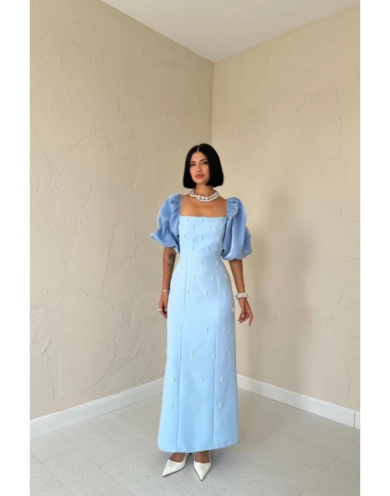 Bebe Mavi İşlemeli Kolu Garnili Elbise