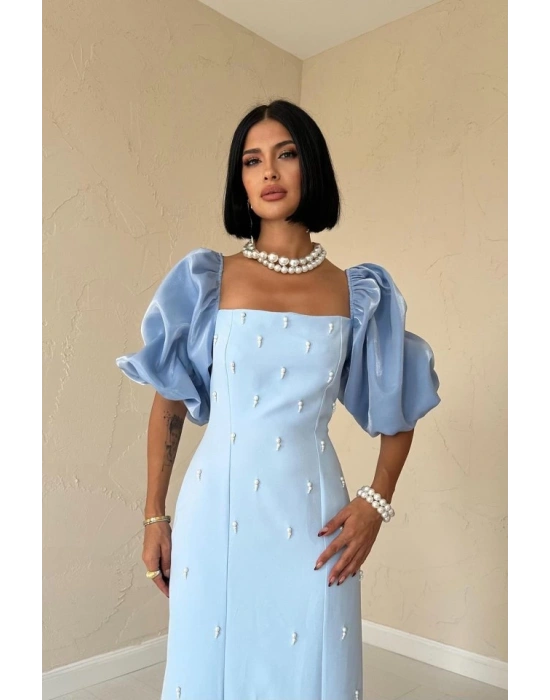 Bebe Mavi İşlemeli Kolu Garnili Elbise