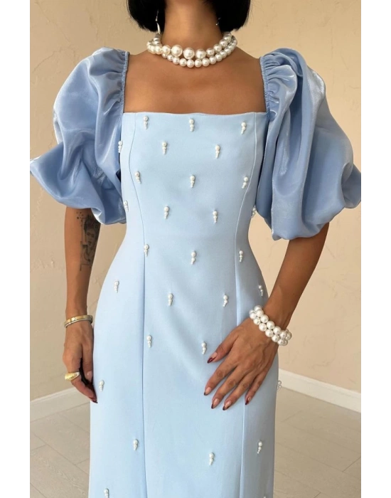 Bebe Mavi İşlemeli Kolu Garnili Elbise