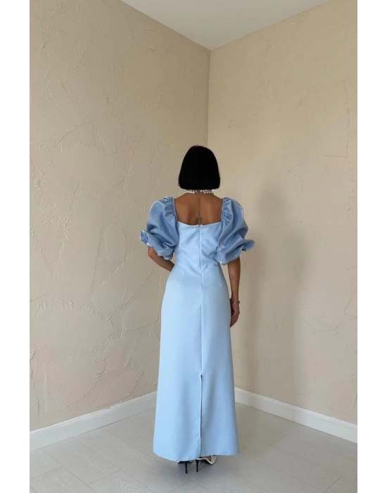 Bebe Mavi İşlemeli Kolu Garnili Elbise