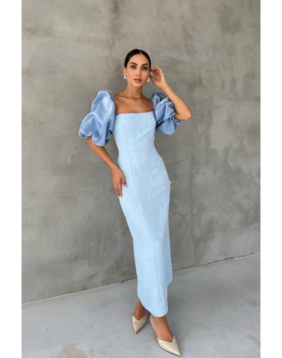 Bebe Mavi İşlemeli Kolu Garnili Elbise