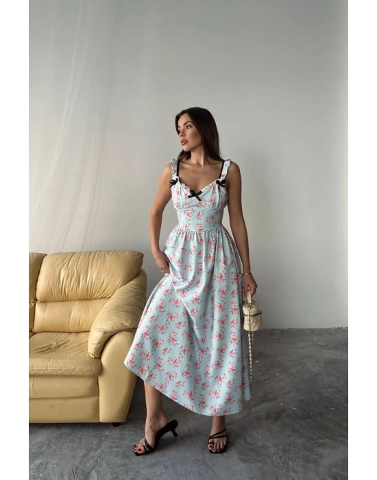 Bebe Mavi Önü Fiyonklu Çiçekli Elbise