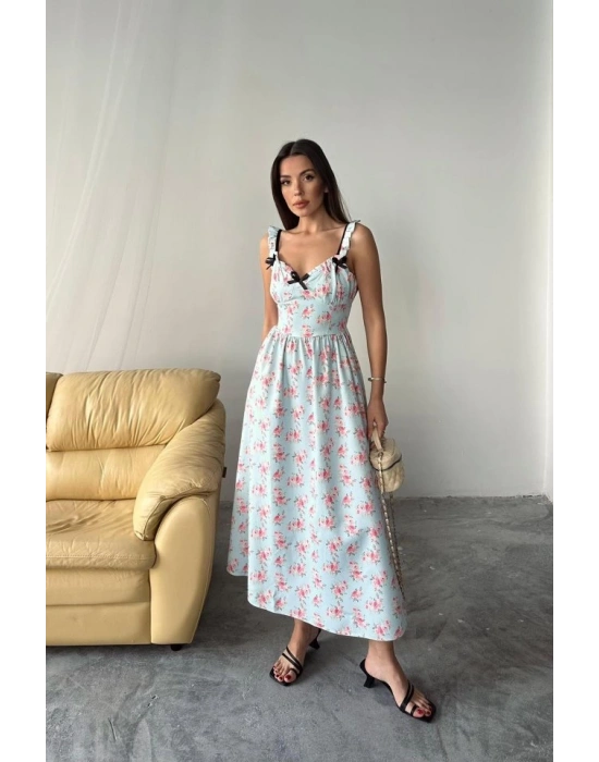 Bebe Mavi Önü Fiyonklu Çiçekli Elbise