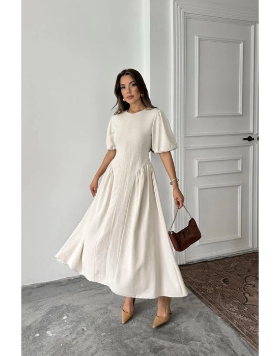 Bej Arkadan Bağlamalı Büzgülü Keten Elbise