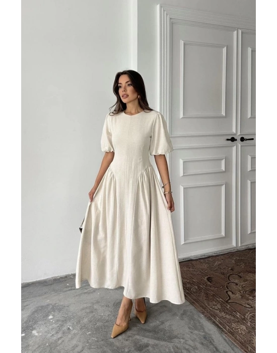 Bej Arkadan Bağlamalı Büzgülü Keten Elbise