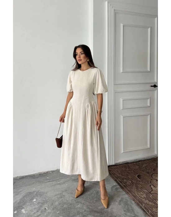 Bej Arkadan Bağlamalı Büzgülü Keten Elbise