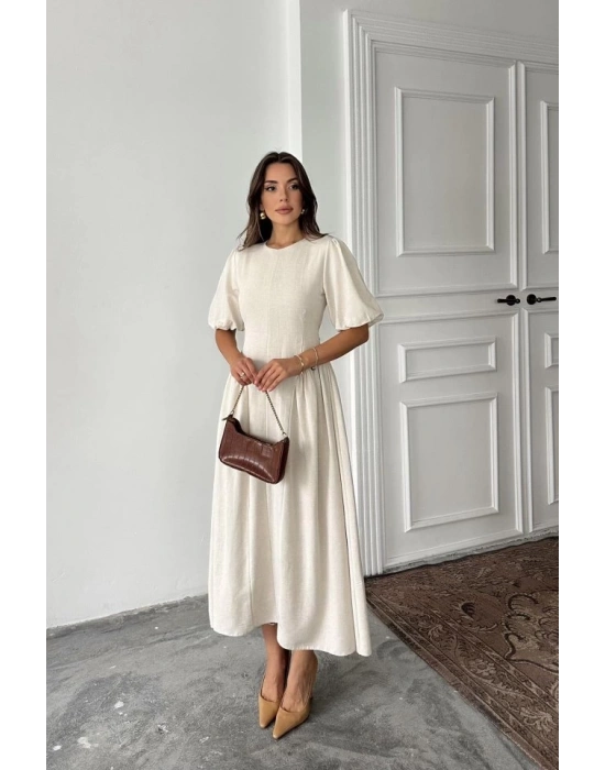 Bej Arkadan Bağlamalı Büzgülü Keten Elbise