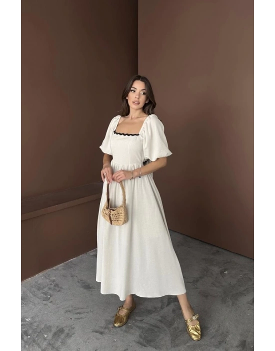 Bej Arkası Bağlamalı Keten Elbise