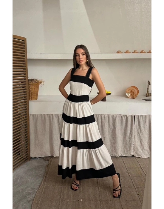 Bej Arkası Fiyonklu Keten Elbise